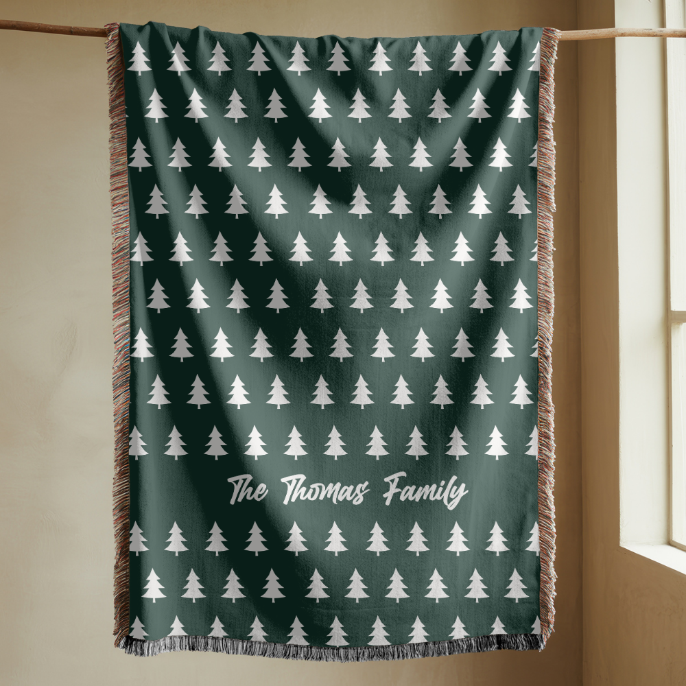 Personalized Family Christmas Blanket, Custom Last Name Pine Tree Throw for Cozy Winter Home Decor, Rustic Holiday Gift for Family