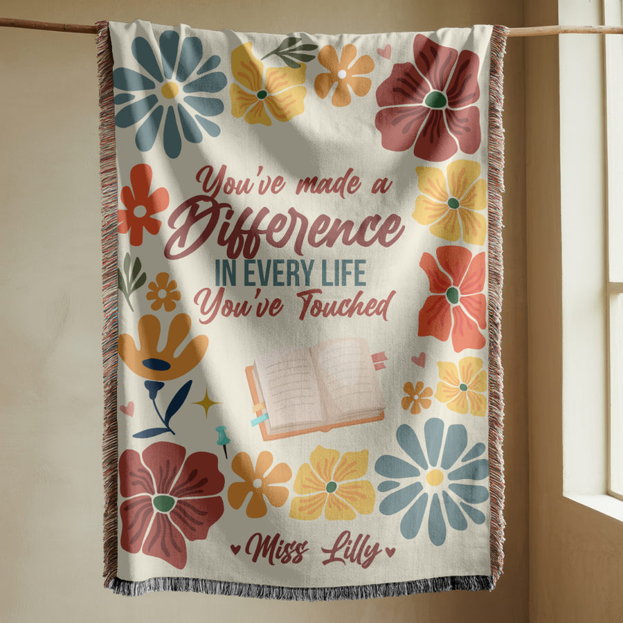 Personalized Teacher Appreciation Blanket, Custom Teacher Difference Throw, Floral Educator Gift, End of School Year Keepsake