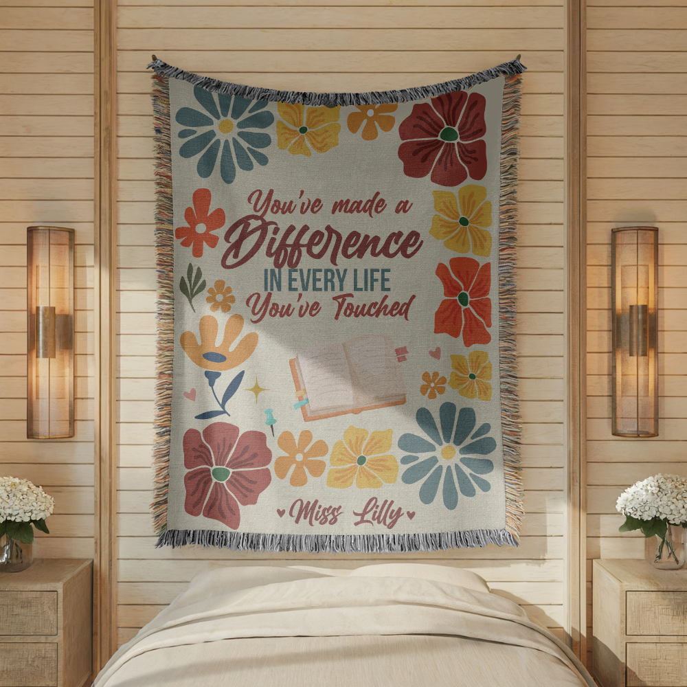 Personalized Teacher Appreciation Blanket, Custom Teacher Difference Throw, Floral Educator Gift, End of School Year Keepsake