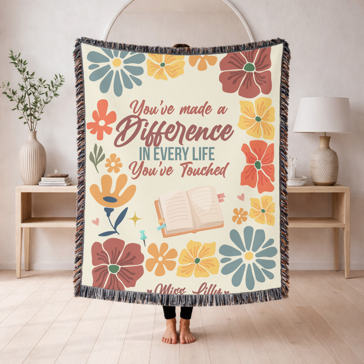 Personalized Teacher Appreciation Blanket, Custom Teacher Difference Throw, Floral Educator Gift, End of School Year Keepsake