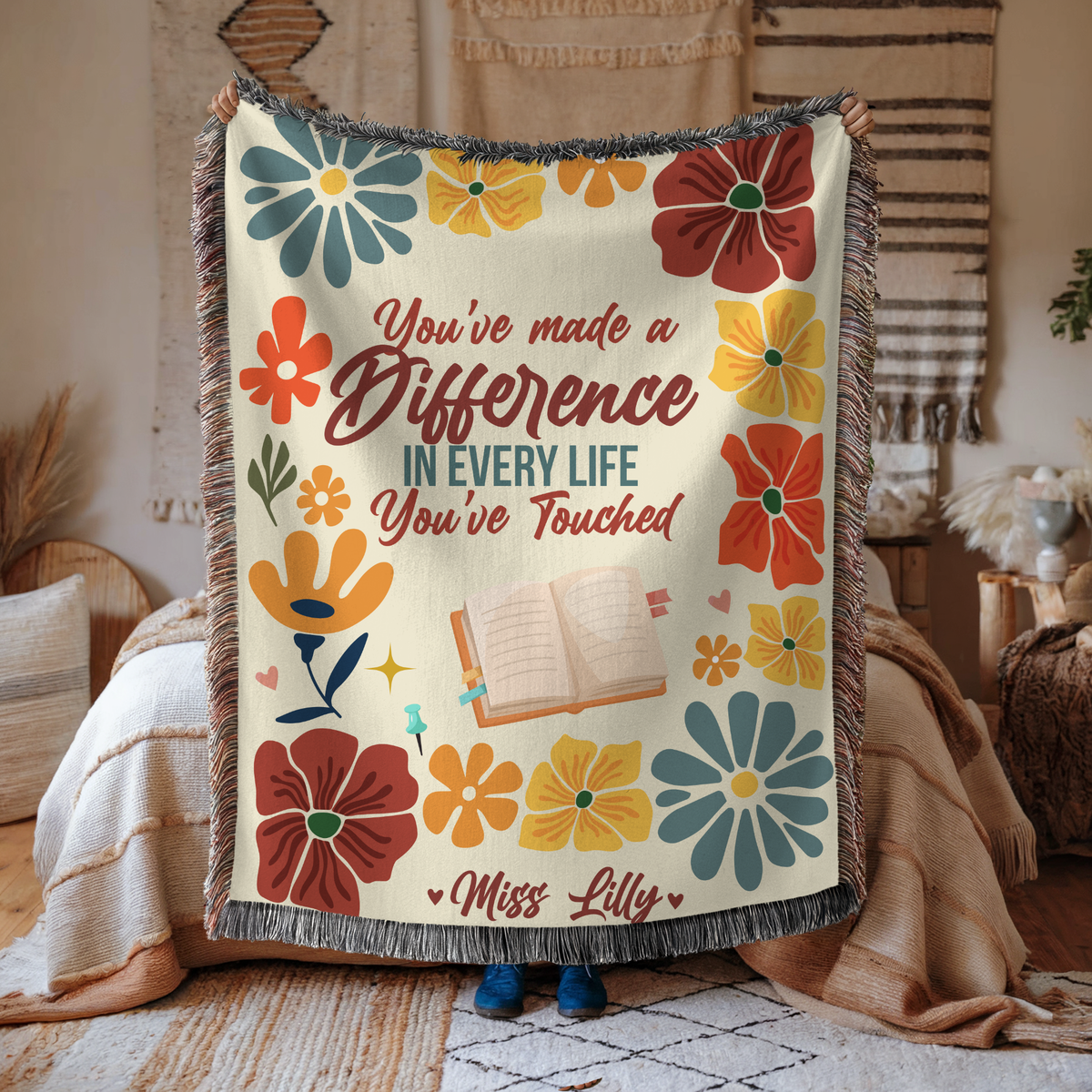 Personalized Teacher Appreciation Blanket, Custom Teacher Difference Throw, Floral Educator Gift, End of School Year Keepsake