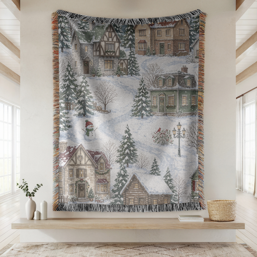 Vintage Christmas Village Blanket, Snowy Winter Town Throw for Cozy Cottage Home Decor, Rustic Holiday Sofa Blanket, Christmas Gift