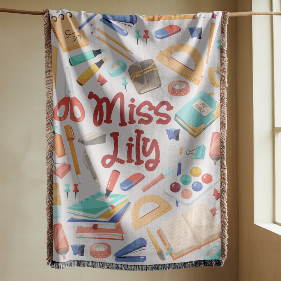Custom Name Teacher Blanket, Cute School Supplies Throw for Classroom Decor, Thoughtful Educator Gift, Back to School Keepsake for Her