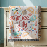 Personalized Teacher Blanket, Custom Name School Supplies Throw for Classroom Decor, Thoughtful Educator Gift, Back to School Keepsake for Her