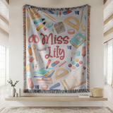 Personalized Teacher Blanket, Custom Name School Supplies Throw for Classroom Decor, Thoughtful Educator Gift, Back to School Keepsake for Her