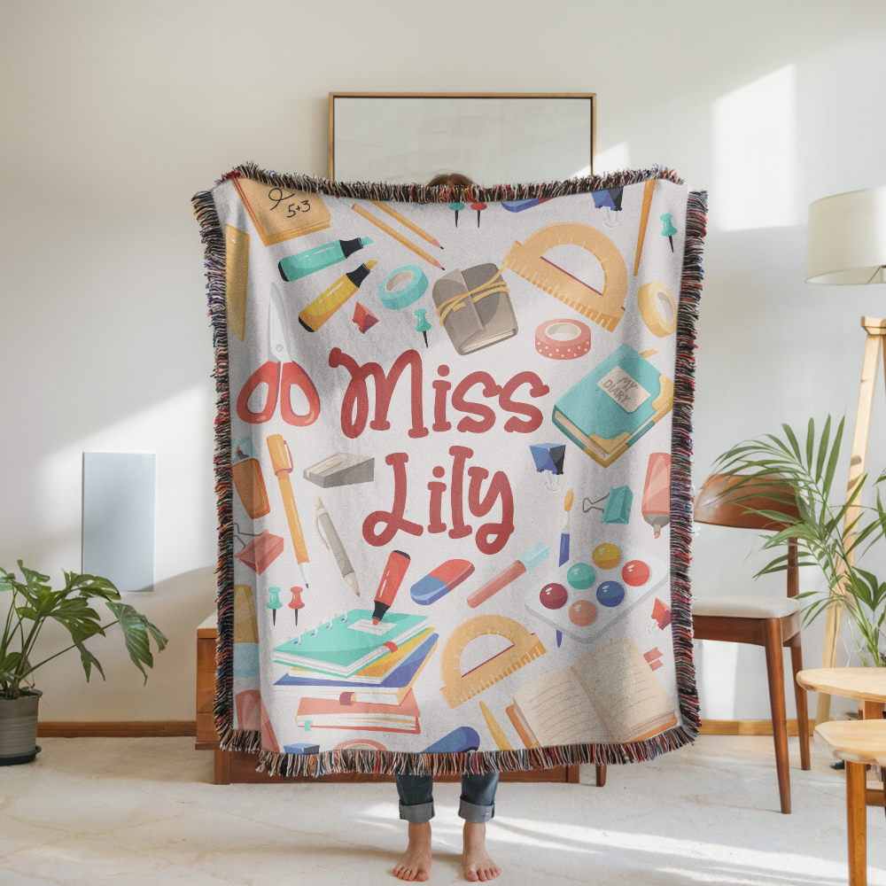 Personalized Teacher Blanket, Custom Name School Supplies Throw for Classroom Decor, Thoughtful Educator Gift, Back to School Keepsake for Her