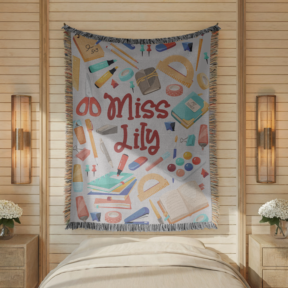 Personalized Teacher Blanket, Custom Name School Supplies Throw for Classroom Decor, Thoughtful Educator Gift, Back to School Keepsake for Her