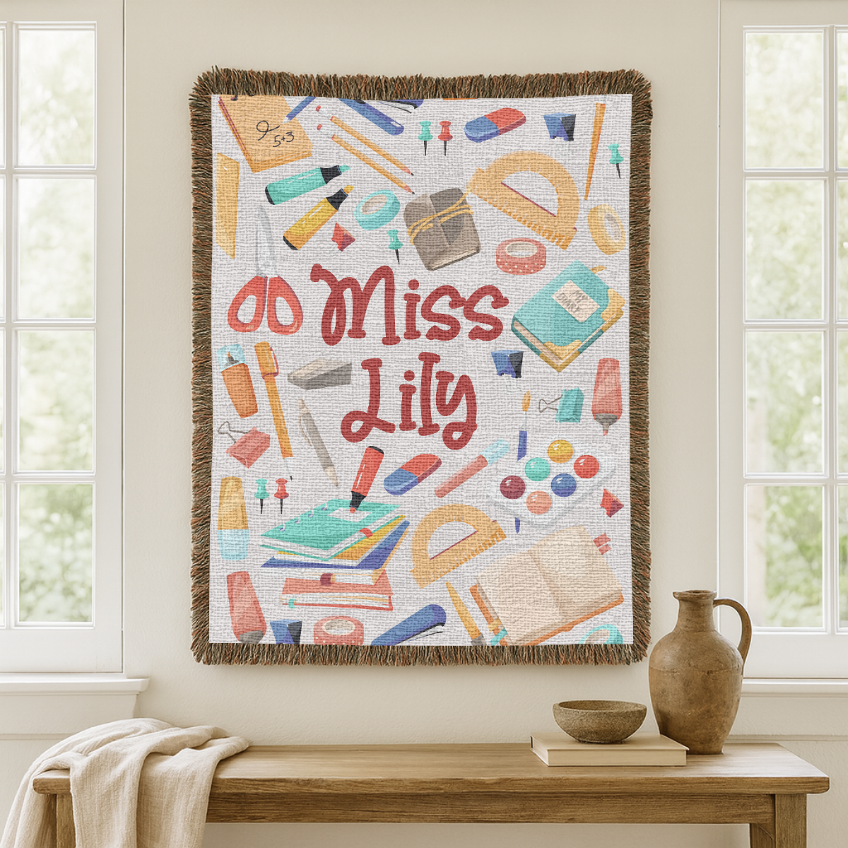 Personalized Teacher Blanket, Custom Name School Supplies Throw for Classroom Decor, Thoughtful Educator Gift, Back to School Keepsake for Her