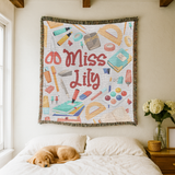 Personalized Teacher Blanket, Custom Name School Supplies Throw for Classroom Decor, Thoughtful Educator Gift, Back to School Keepsake for Her
