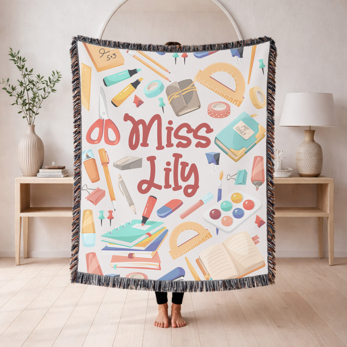 Personalized Teacher Blanket, Custom Name School Supplies Throw for Classroom Decor, Thoughtful Educator Gift, Back to School Keepsake for Her
