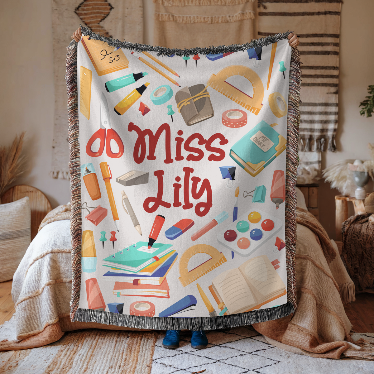 Personalized Teacher Blanket, Custom Name School Supplies Throw for Classroom Decor, Thoughtful Educator Gift, Back to School Keepsake for Her