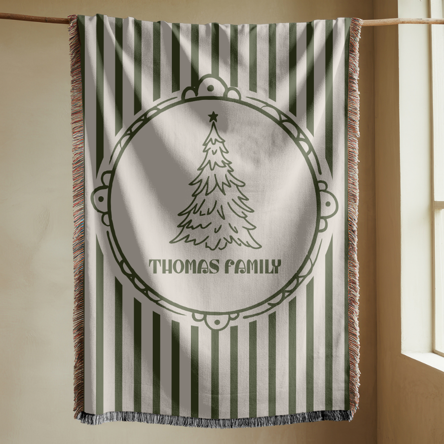 Personalized Christmas Family Blanket, Custom Name Holiday Throw, Green Striped Christmas Decor, Cozy Family Gift and Keepsake