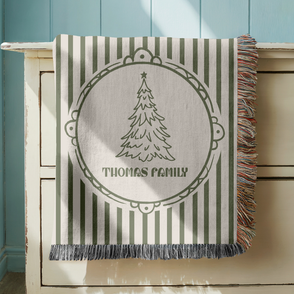 Personalized Christmas Family Blanket, Custom Name Holiday Throw, Green Striped Christmas Decor, Cozy Family Gift and Keepsake