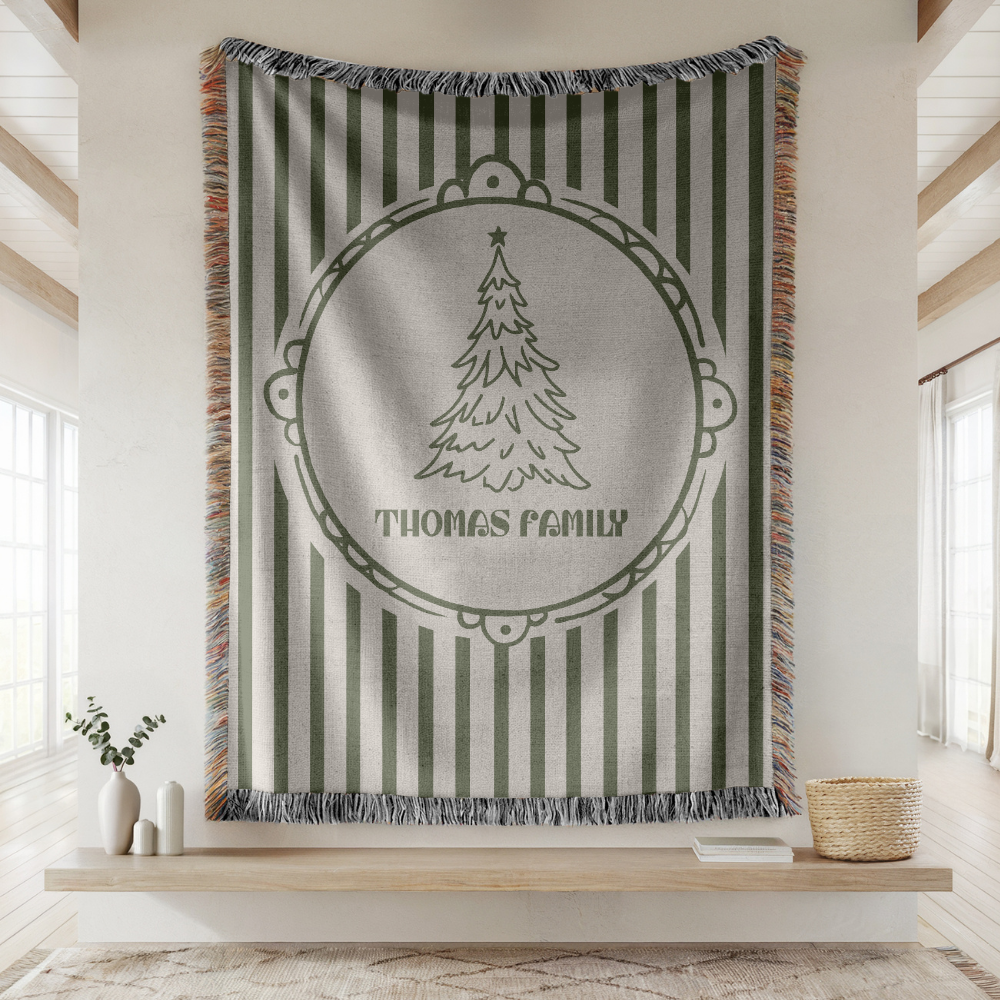 Personalized Christmas Family Blanket, Custom Name Holiday Throw, Green Striped Christmas Decor, Cozy Family Gift and Keepsake