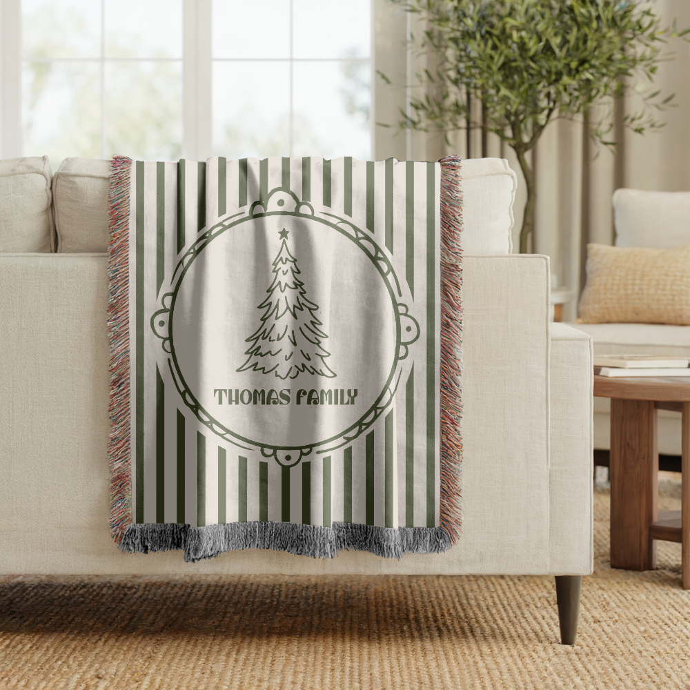 Personalized Christmas Family Blanket, Custom Name Holiday Throw, Green Striped Christmas Decor, Cozy Family Gift and Keepsake