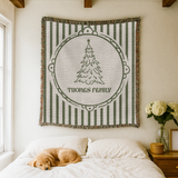 Personalized Christmas Family Blanket, Custom Name Holiday Throw, Green Striped Christmas Decor, Cozy Family Gift and Keepsake