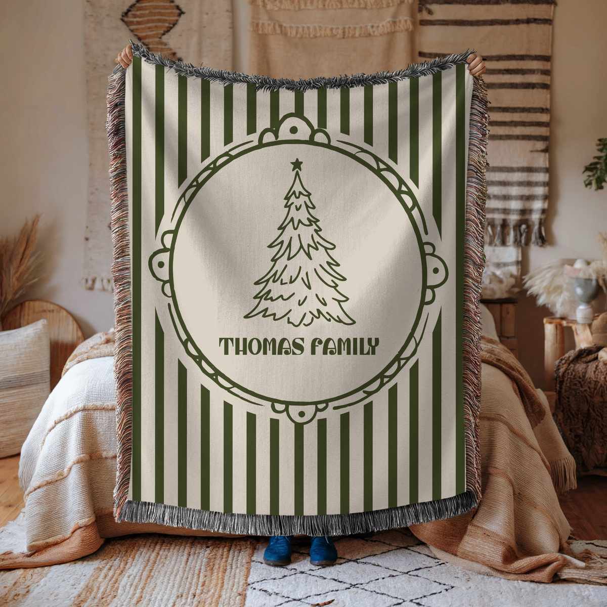 Personalized Christmas Family Blanket, Custom Name Holiday Throw, Green Striped Christmas Decor, Cozy Family Gift and Keepsake