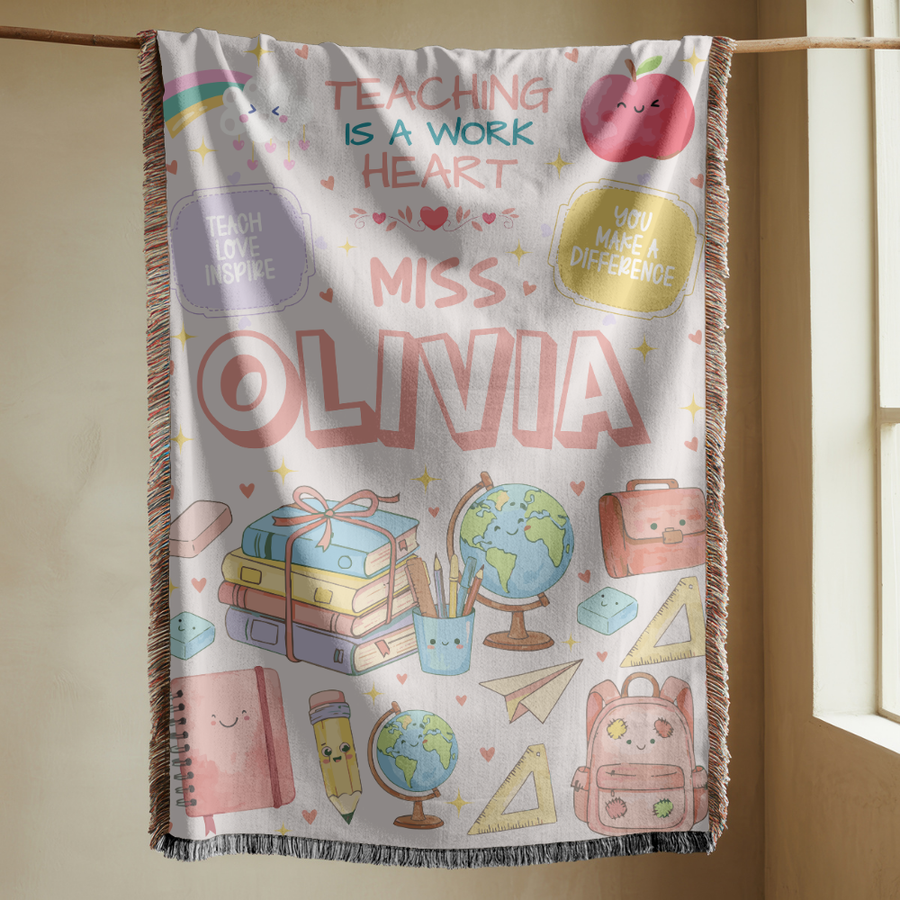 Personalized Teacher Blanket, Custom Teacher Name Woven Throw, Classroom Gift for Educators, Teacher Appreciation Gift, School Year Keepsake