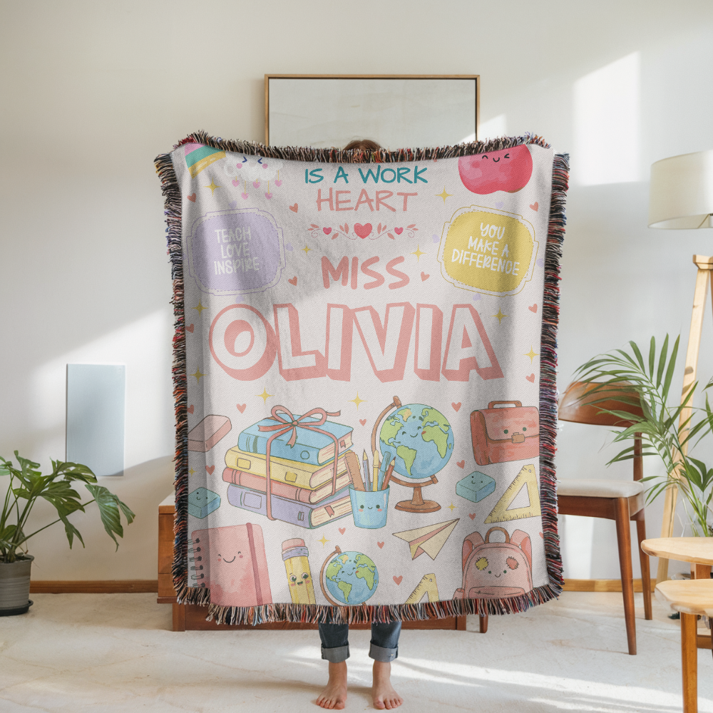 Personalized Teacher Blanket, Custom Teacher Name Woven Throw, Classroom Gift for Educators, Teacher Appreciation Gift, School Year Keepsake