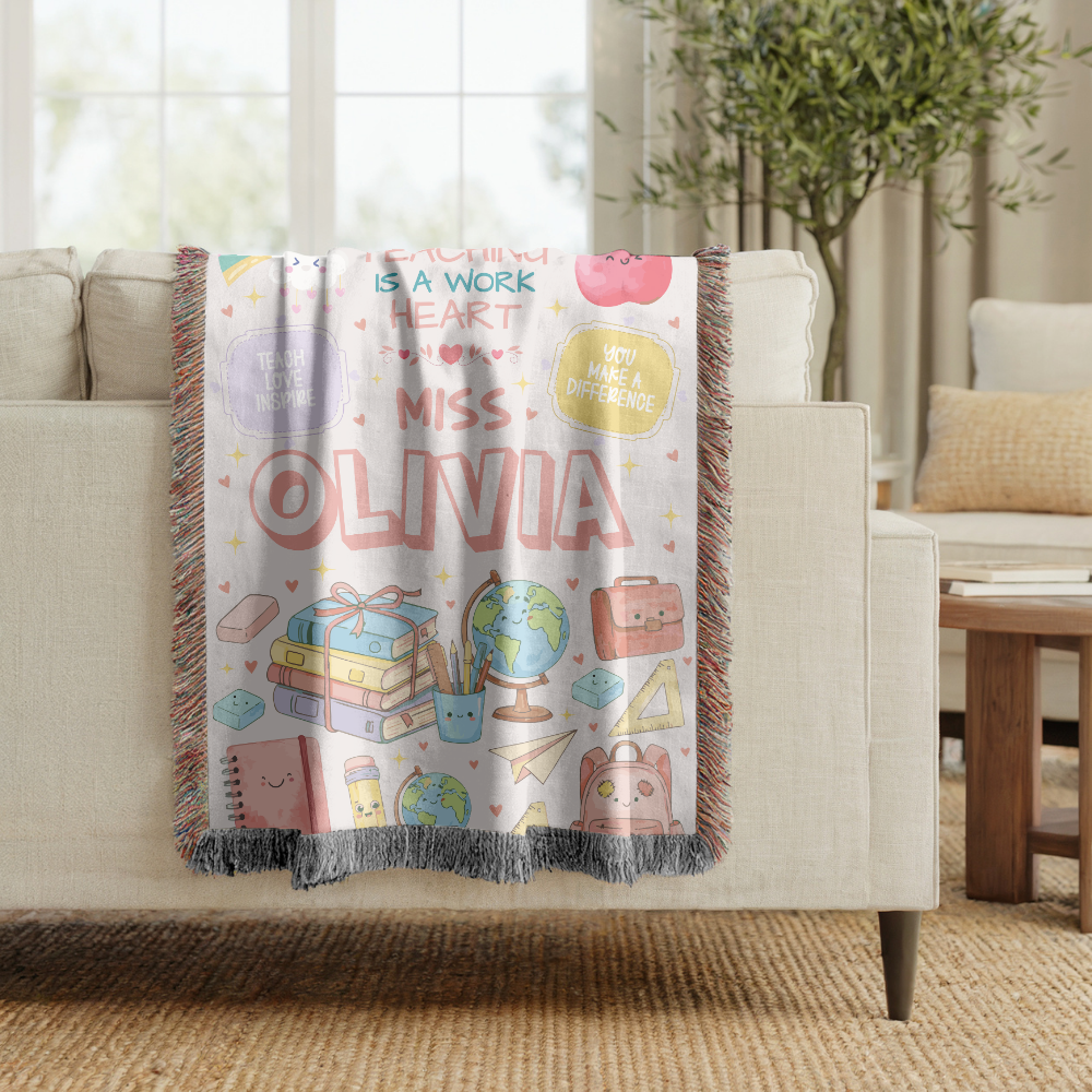 Personalized Teacher Blanket, Custom Teacher Name Woven Throw, Classroom Gift for Educators, Teacher Appreciation Gift, School Year Keepsake