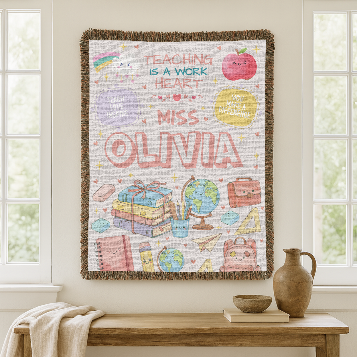 Personalized Teacher Blanket, Custom Teacher Name Woven Throw, Classroom Gift for Educators, Teacher Appreciation Gift, School Year Keepsake