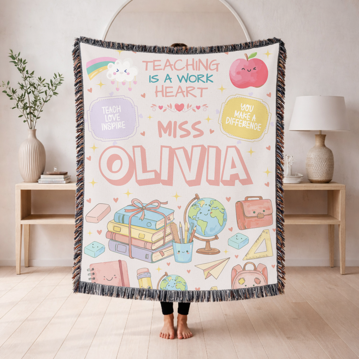 Personalized Teacher Blanket, Custom Teacher Name Woven Throw, Classroom Gift for Educators, Teacher Appreciation Gift, School Year Keepsake