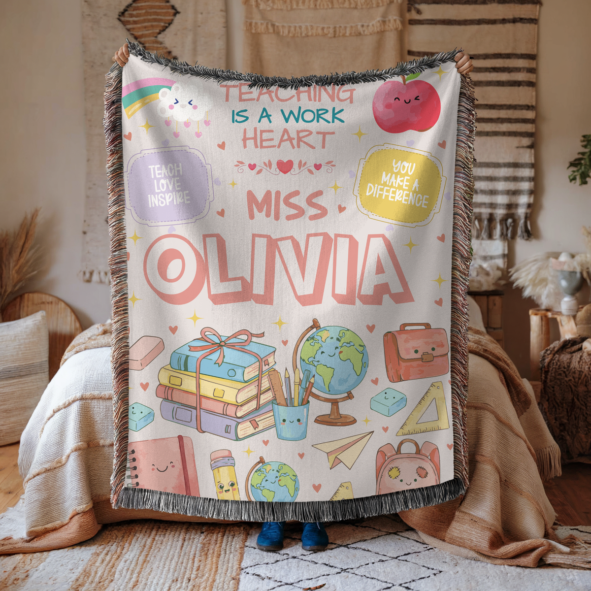 Personalized Teacher Blanket, Custom Teacher Name Woven Throw, Classroom Gift for Educators, Teacher Appreciation Gift, School Year Keepsake