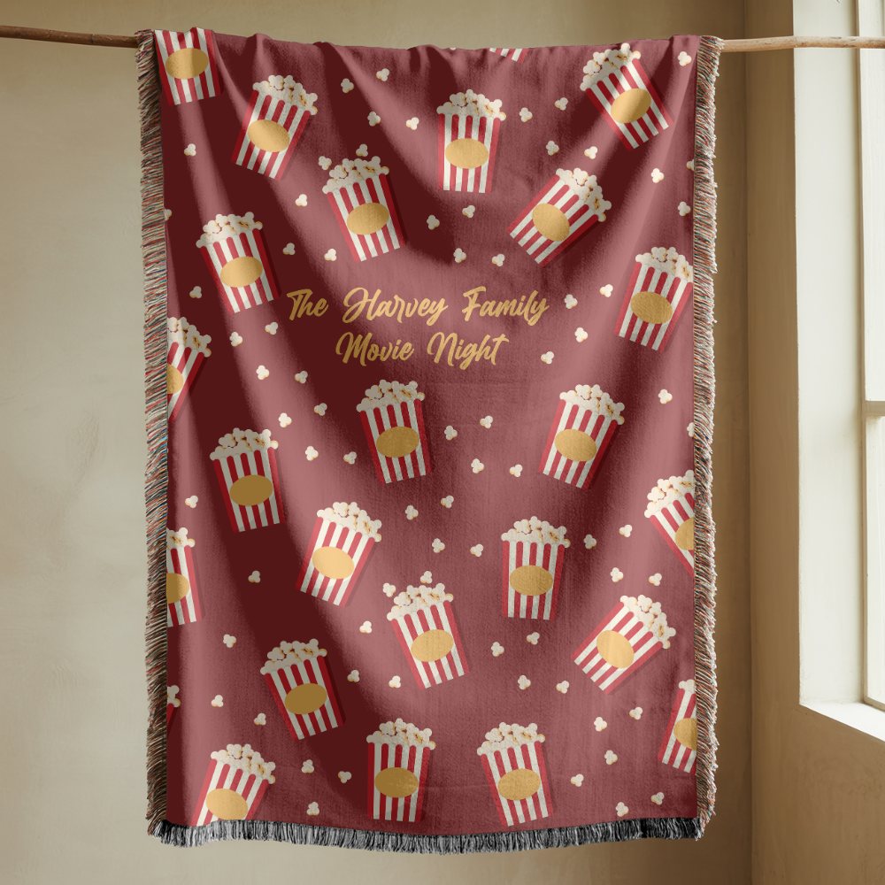 Personalized Family Movie Night Blanket, Popcorn Woven Throw, Custom Name Theater Decor, Cozy Cinema Gift for Families and Film Lovers