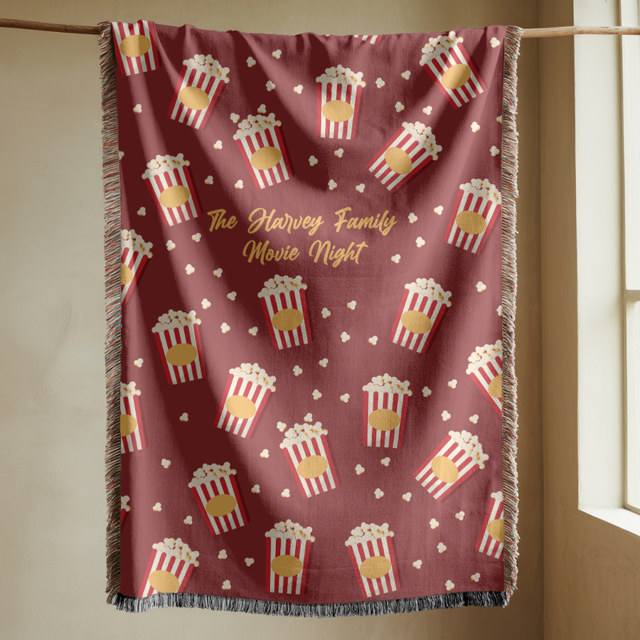 Personalized Family Movie Night Blanket, Popcorn Woven Throw, Custom Name Theater Decor, Cozy Cinema Gift for Families and Film Lovers