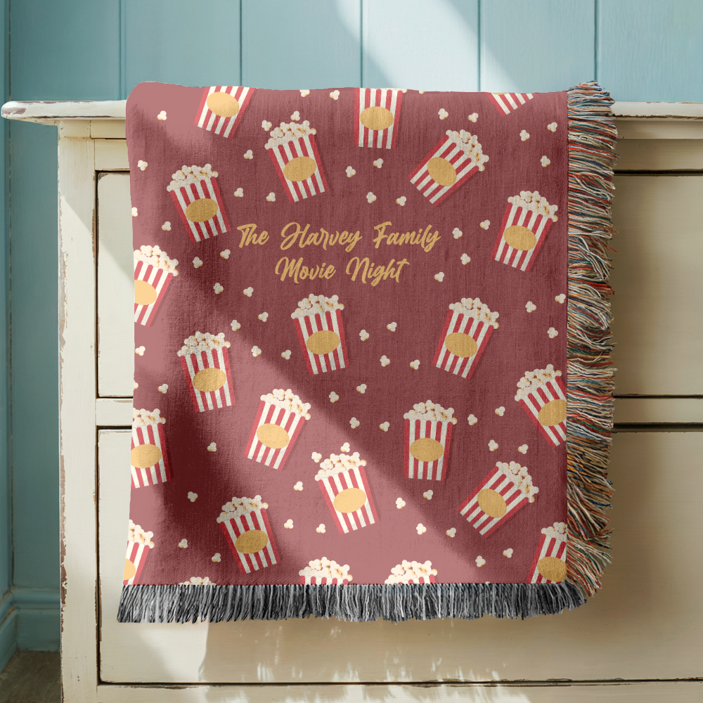 Personalized Family Movie Night Blanket, Popcorn Woven Throw, Custom Name Theater Decor, Cozy Cinema Gift for Families and Film Lovers