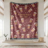 Personalized Family Movie Night Blanket, Popcorn Woven Throw, Custom Name Theater Decor, Cozy Cinema Gift for Families and Film Lovers