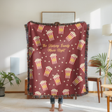 Personalized Family Movie Night Blanket, Popcorn Woven Throw, Custom Name Theater Decor, Cozy Cinema Gift for Families and Film Lovers