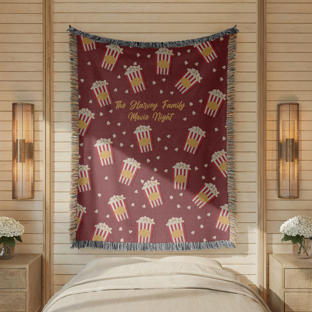 Personalized Family Movie Night Blanket, Popcorn Woven Throw, Custom Name Theater Decor, Cozy Cinema Gift for Families and Film Lovers
