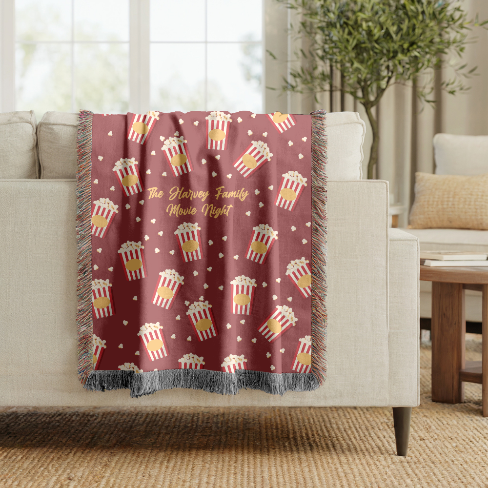Personalized Family Movie Night Blanket, Popcorn Woven Throw, Custom Name Theater Decor, Cozy Cinema Gift for Families and Film Lovers