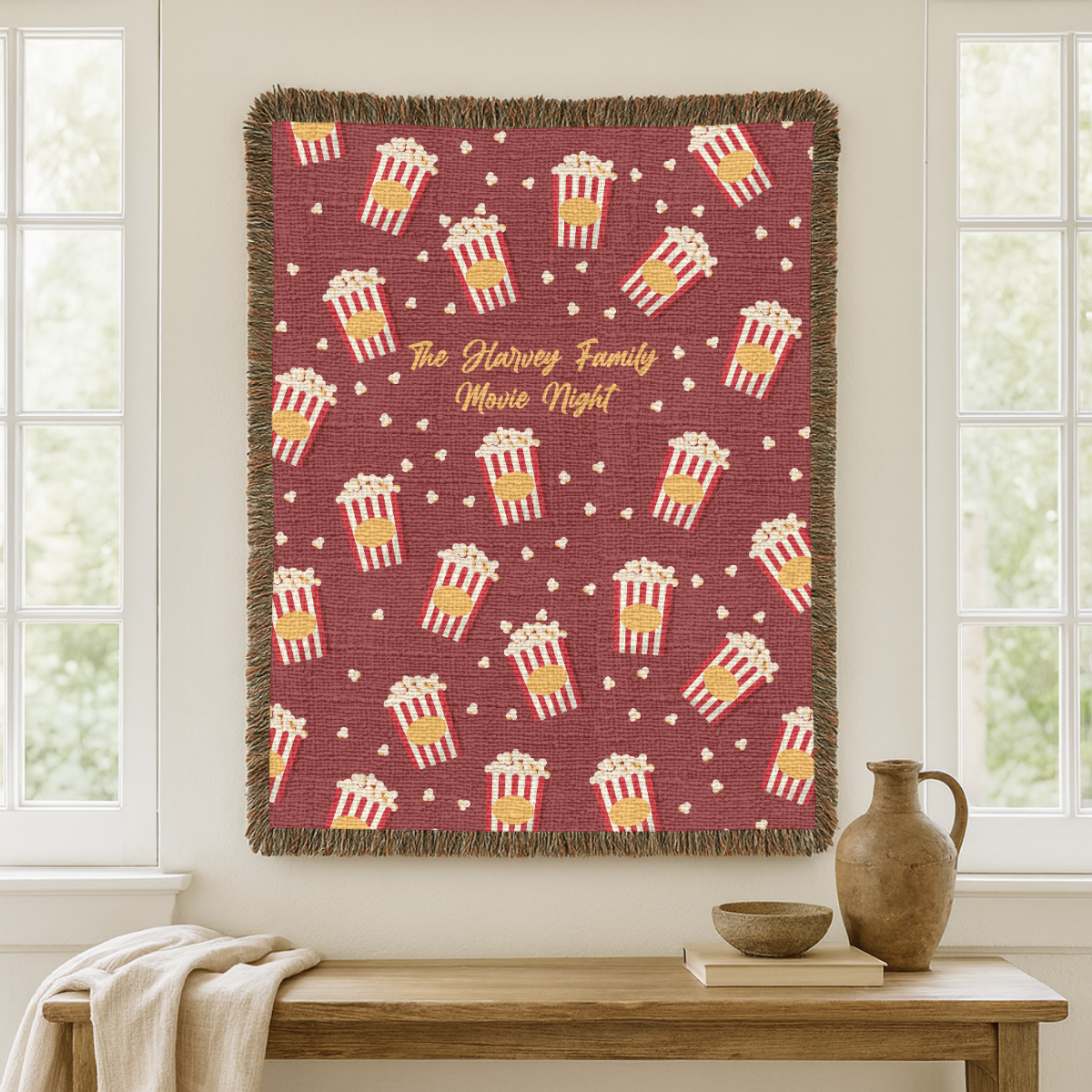 Personalized Family Movie Night Blanket, Popcorn Woven Throw, Custom Name Theater Decor, Cozy Cinema Gift for Families and Film Lovers