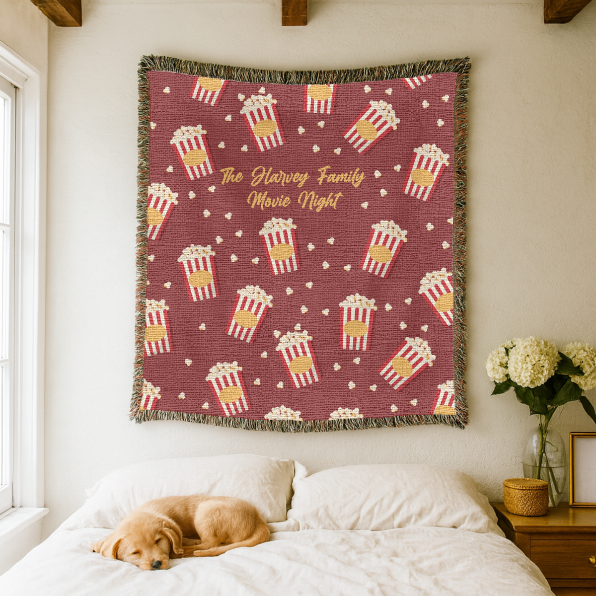 Personalized Family Movie Night Blanket, Popcorn Woven Throw, Custom Name Theater Decor, Cozy Cinema Gift for Families and Film Lovers