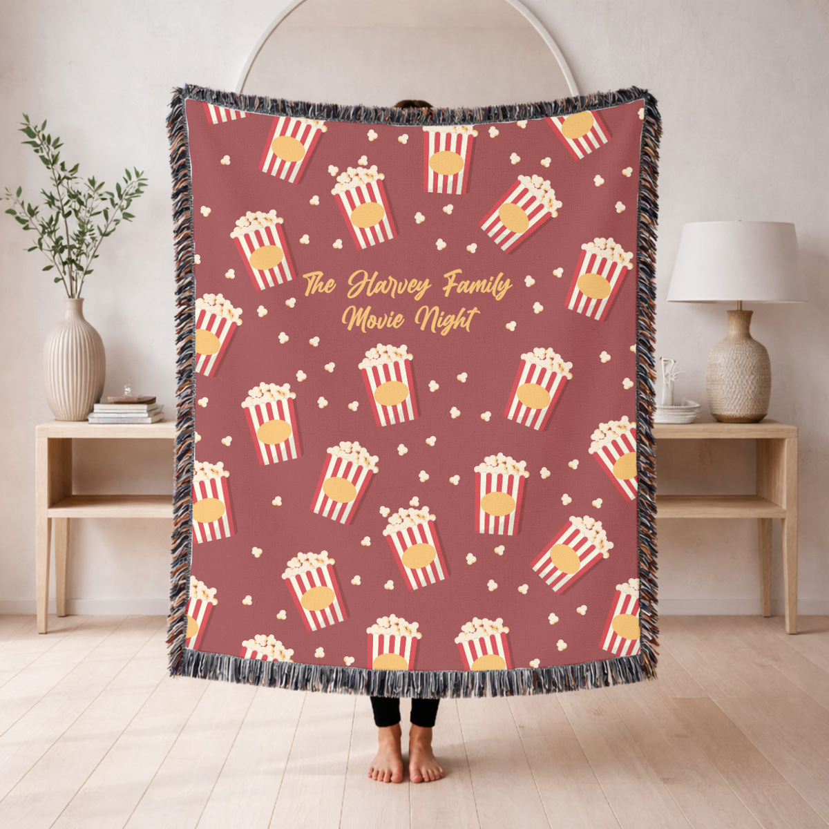Personalized Family Movie Night Blanket, Popcorn Woven Throw, Custom Name Theater Decor, Cozy Cinema Gift for Families and Film Lovers
