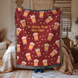 Personalized Family Movie Night Blanket, Popcorn Woven Throw, Custom Name Theater Decor, Cozy Cinema Gift for Families and Film Lovers