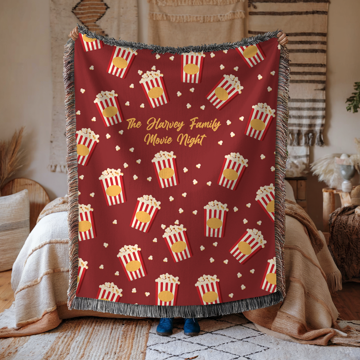 Personalized Family Movie Night Blanket, Popcorn Woven Throw, Custom Name Theater Decor, Cozy Cinema Gift for Families and Film Lovers