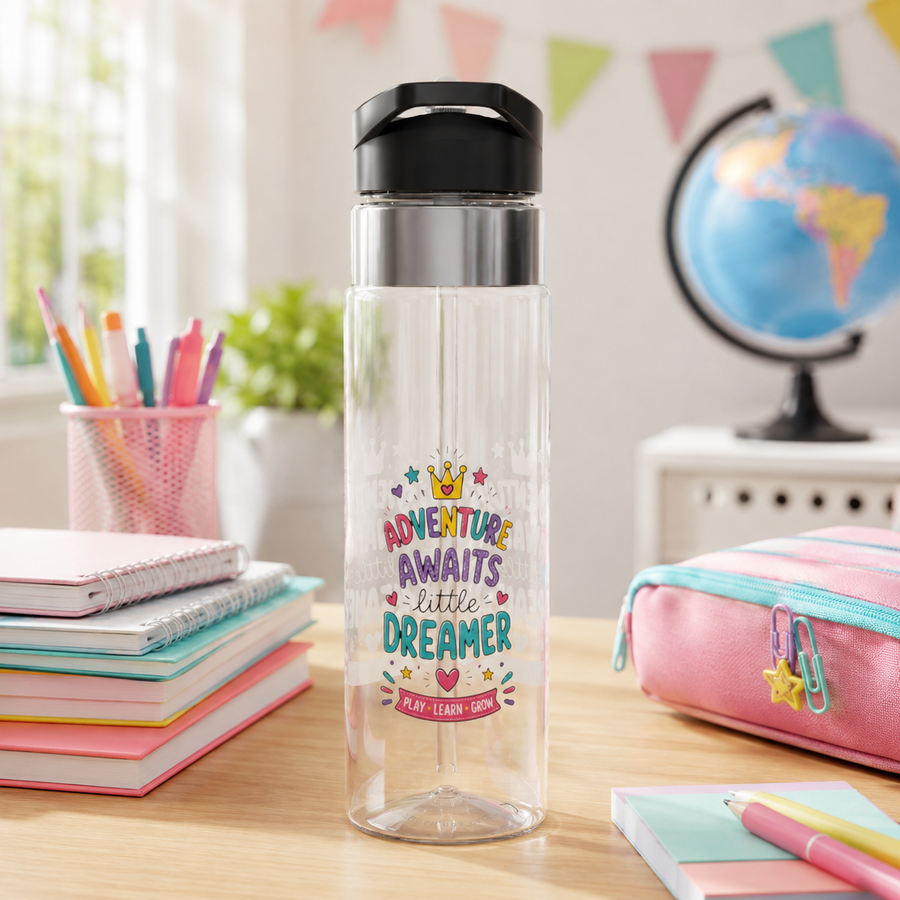 Kids Clear Water Bottle, Little Dreamer School Drink Bottle, Cute Girls Water Bottle, Colorful Back to School Gift, Play Learn Grow