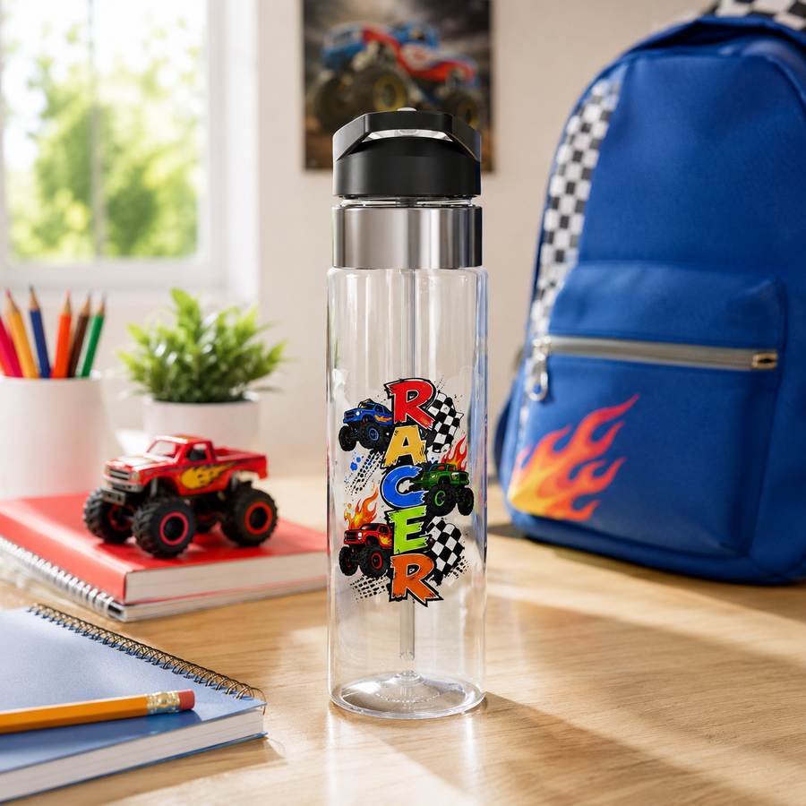 Monster Truck Racer Water Bottle, Kids Racing Sports Clear Bottle, Colorful Checkered Flag Gift for Boys, Birthday or School Accessory