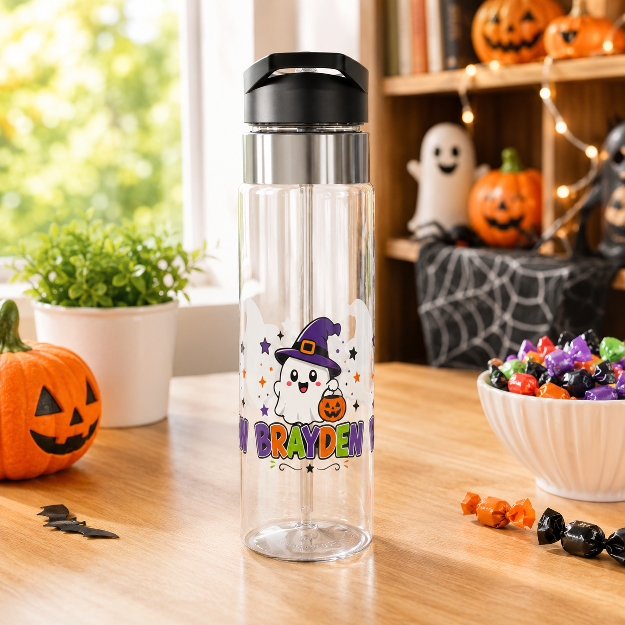 Halloween Transparent Water Bottle for Kids, Ghost Pumpkin Drink Bottle, Spooky Witch Hat School Bottle, Cute Halloween Gift for Boys