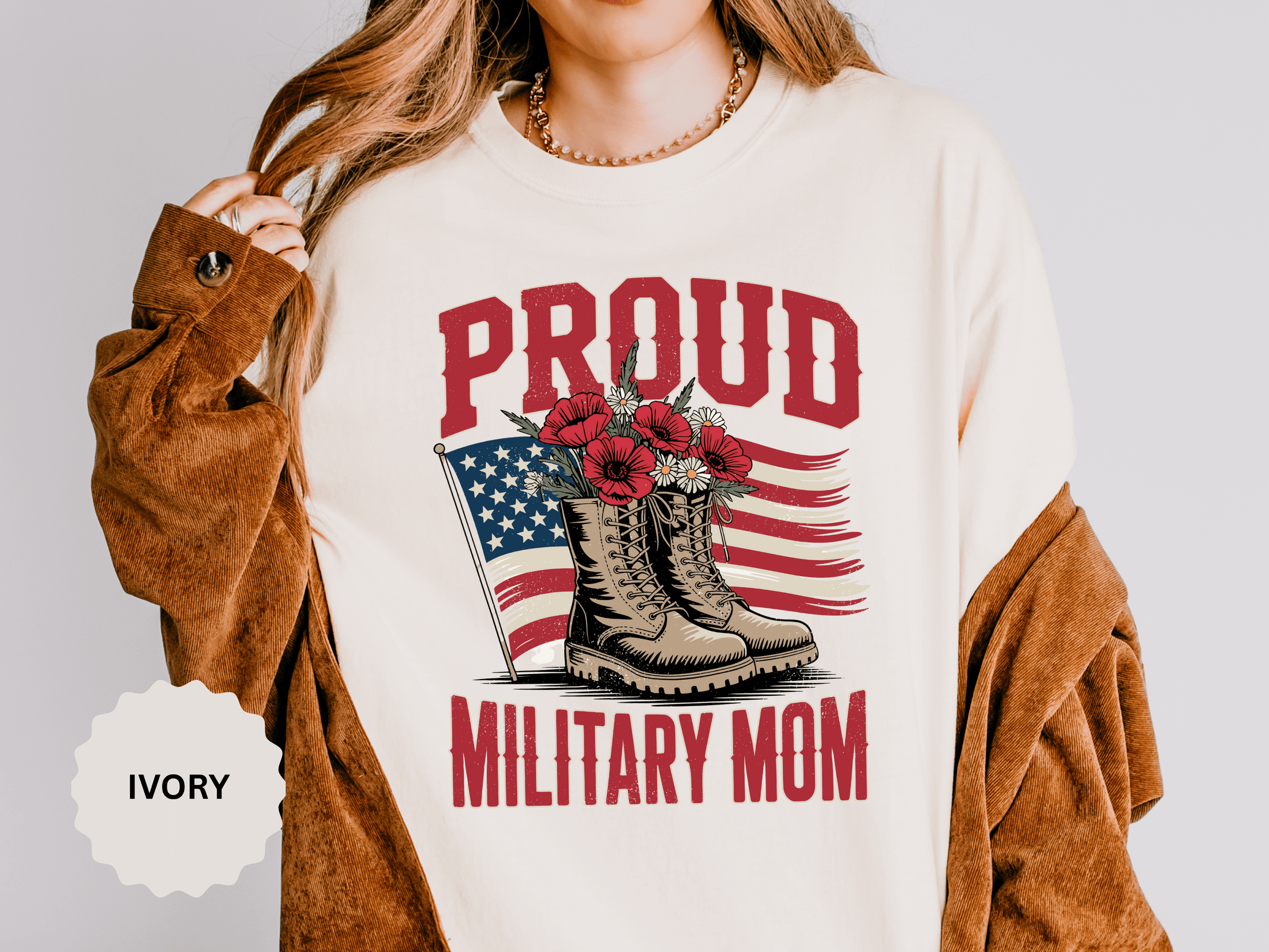 Proud Military Mom Shirt, Patriotic Army Mom T Shirt, Boots and Flowers Graphic Tee, American Flag Family Support Gift