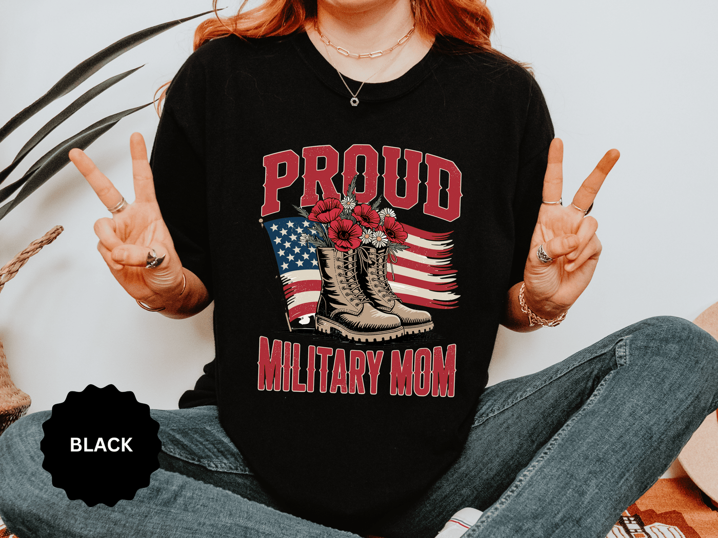 Proud Military Mom Shirt, Patriotic Army Mom T Shirt, Boots and Flowers Graphic Tee, American Flag Family Support Gift