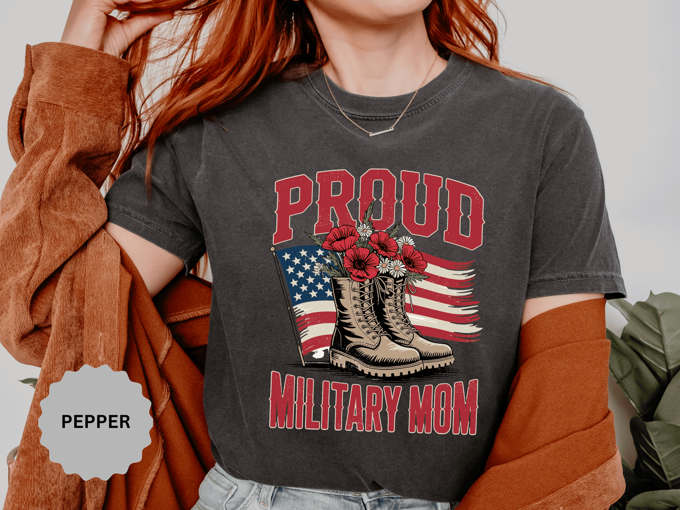 Proud Military Mom Shirt, Patriotic Army Mom T Shirt, Boots and Flowers Graphic Tee, American Flag Family Support Gift