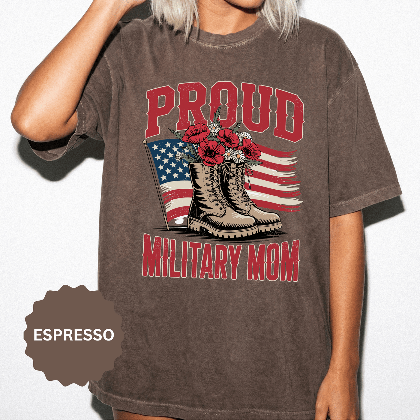 Proud Military Mom Shirt, Patriotic Army Mom T Shirt, Boots and Flowers Graphic Tee, American Flag Family Support Gift
