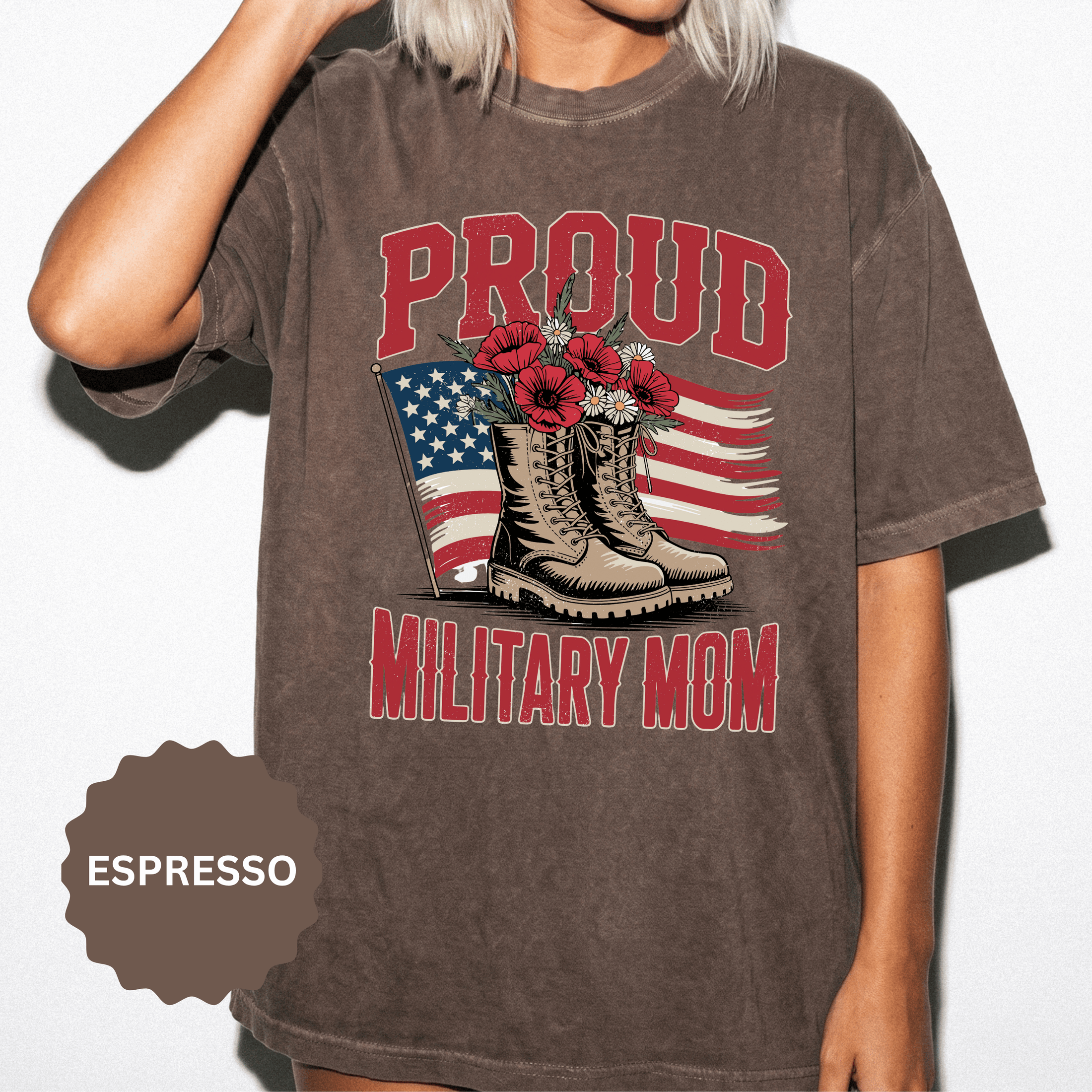 Proud Military Mom Shirt, Patriotic Army Mom T Shirt, Boots and Flowers Graphic Tee, American Flag Family Support Gift