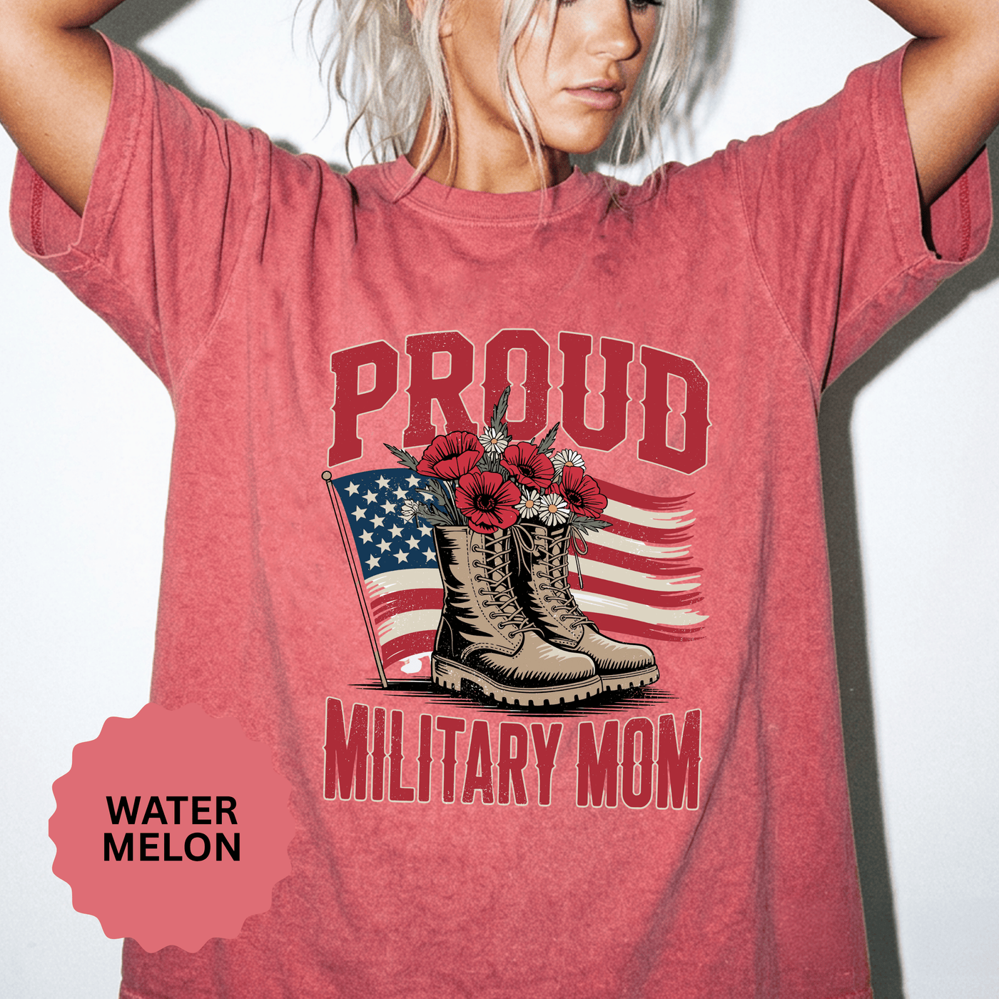 Proud Military Mom Shirt, Patriotic Army Mom T Shirt, Boots and Flowers Graphic Tee, American Flag Family Support Gift