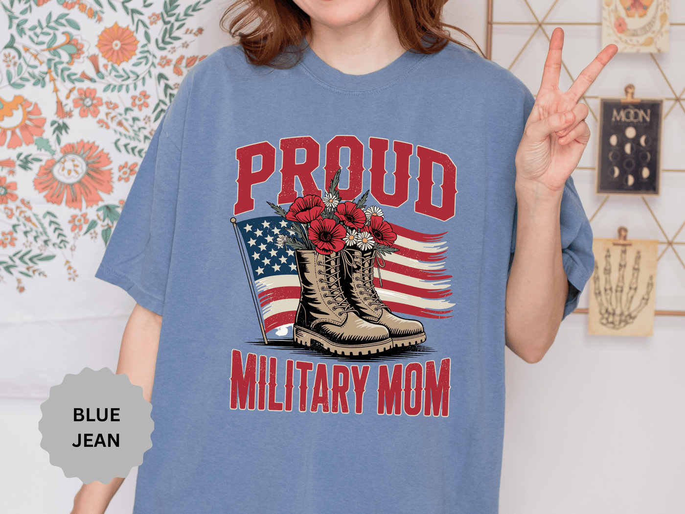 Proud Military Mom Shirt, Patriotic Army Mom T Shirt, Boots and Flowers Graphic Tee, American Flag Family Support Gift