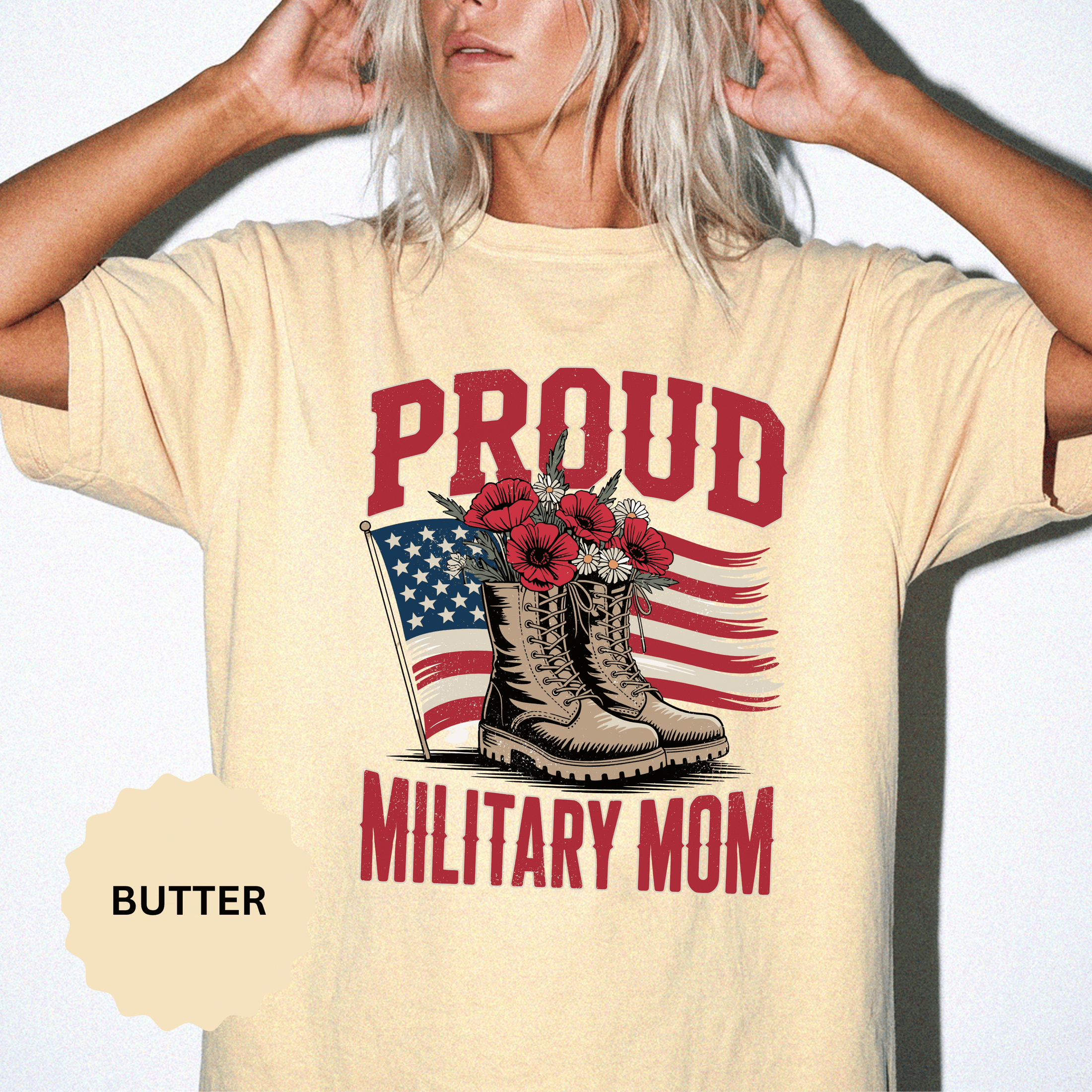 Proud Military Mom Shirt, Patriotic Army Mom T Shirt, Boots and Flowers Graphic Tee, American Flag Family Support Gift